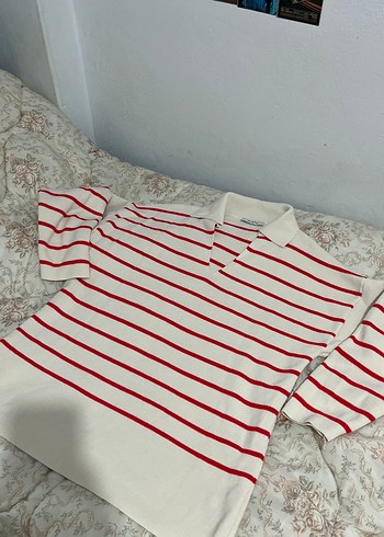 Kadın Kırmızı Çizgili Örgü Pamuk Gömlek