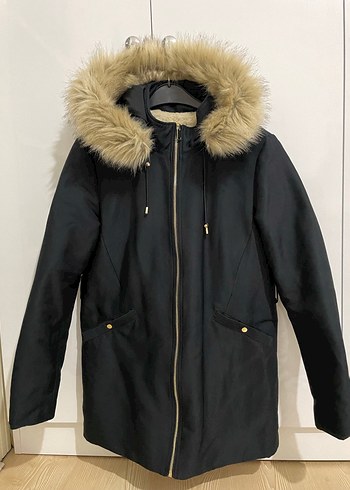 Kürklü Kapüşonlu lacivert Kadın Kaban - Görsel 2