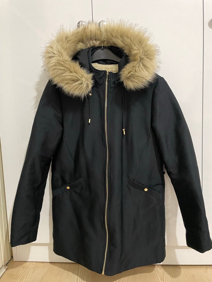 Kürklü Kapüşonlu lacivert Kadın Kaban - Görsel 2