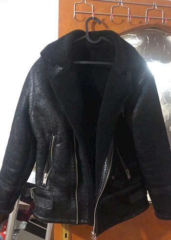 l Beden Kürklü Siyah Deri Biker Ceket
