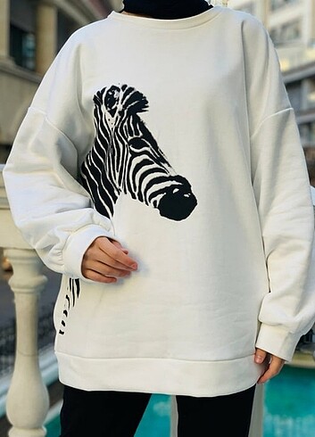 Diğer Zebra Desen Sweatshirt-Beyaz , oversize
