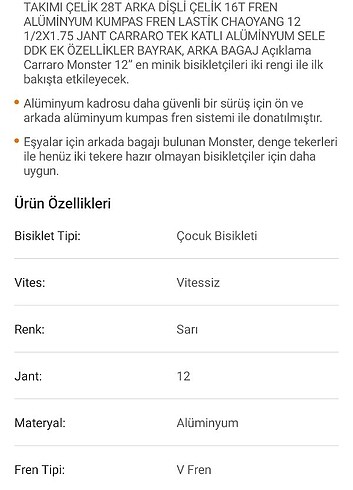  Beden carraro monster erkek çocuk bisikleti 12 jant