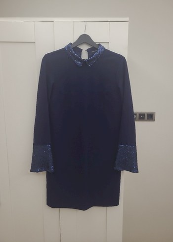 Parlak Mavi Düğmeli Midi Elbise - Görsel 2