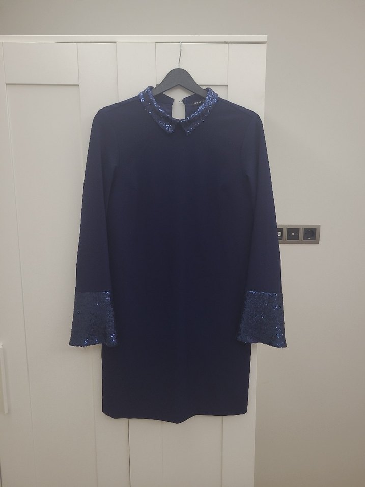 Parlak Mavi Düğmeli Midi Elbise - Görsel 2