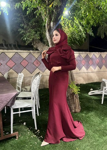 Abiye Bordo Uzun Kollu Yüksek Yaka Drapeli Abiye Elbise