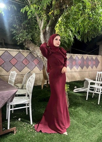 Bordo Uzun Kollu Yüksek Yaka Drapeli Abiye Elbise