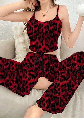 Diğer Diger Leopar Desenli Dantelli Kadın Mini Pijama Takımı