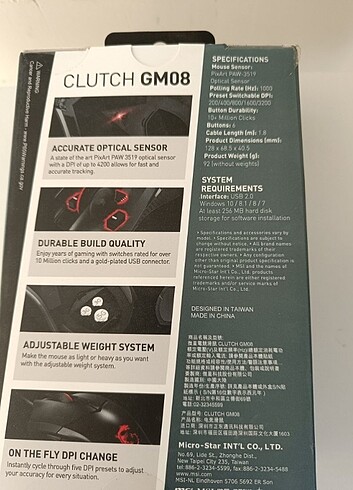  Beden Renk MSI Clutch GM08 Optik Kablolu Oyuncu Mouse 
