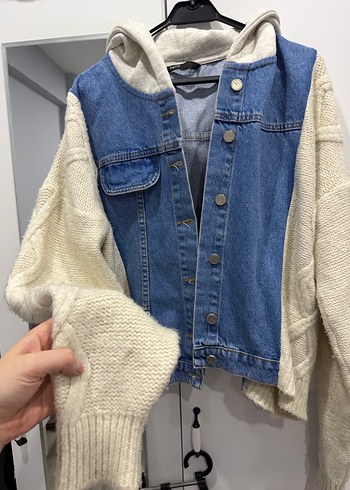 Düğmeli Mavi Kot ve Örgü Detaylı Kadın Ceket - Görsel 2