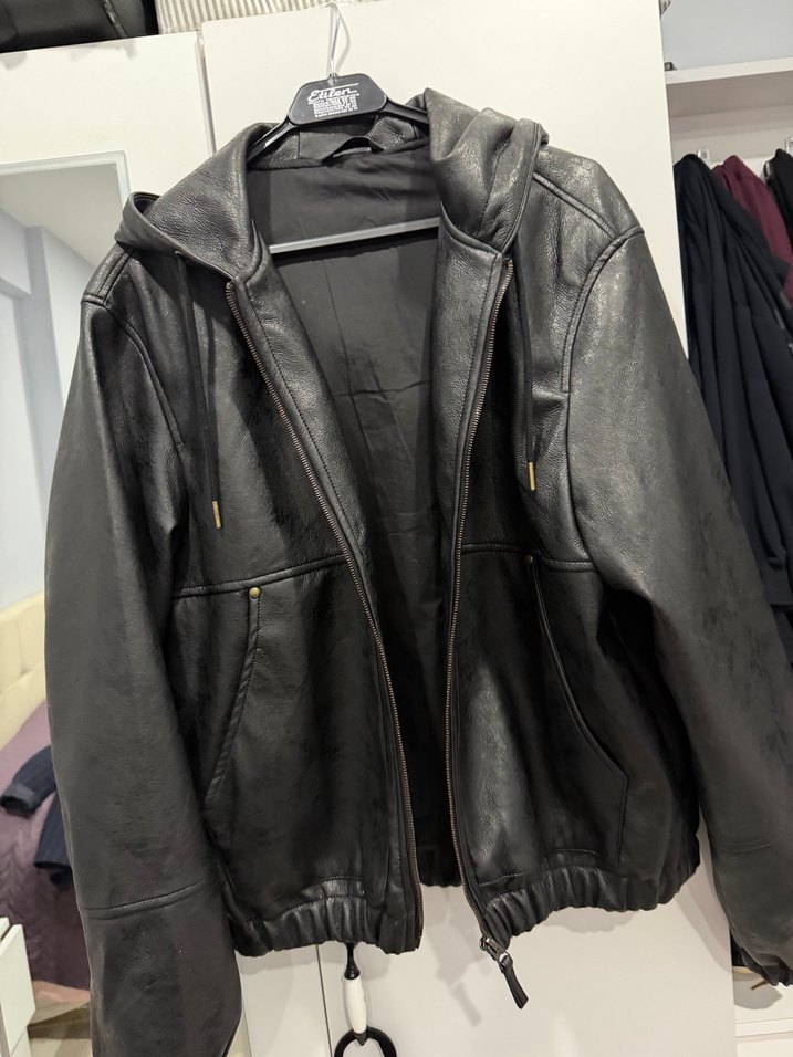 Siyah erkek deri Ceket Kapüşonlu - Görsel 2