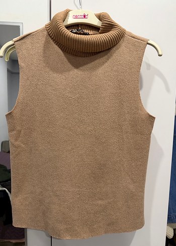 Bej Süet Kadın Boğazlı Kolsuz Triko Süveter - Görsel 2