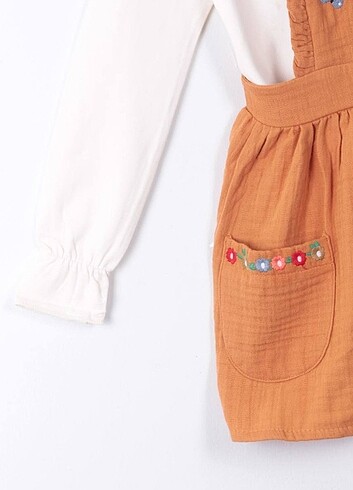 4 Yaş Beden turuncu Renk Zara Muadili Müslin Kumaş Nakışlı Elbise Set