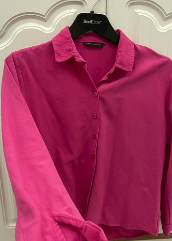 m Beden Düğmeli Pembe Kadın Keten Gömlek