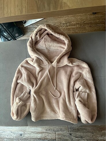 peluş toz pembe kapüşonlu sweatshirt
