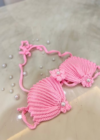 5 Yaş Beden Pembe Örgü Mini Bikini Üstü