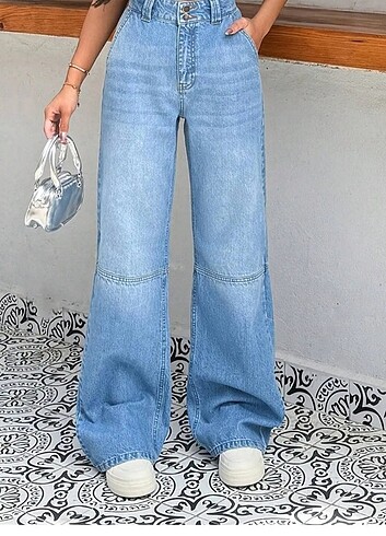 38 Beden Mavi yüksek bel wide leg jeans