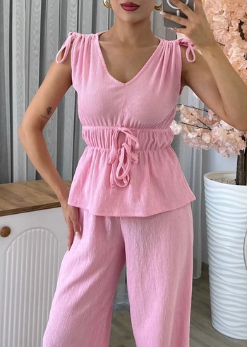 Pembe Keten Mini Pilili Kadın Tulum