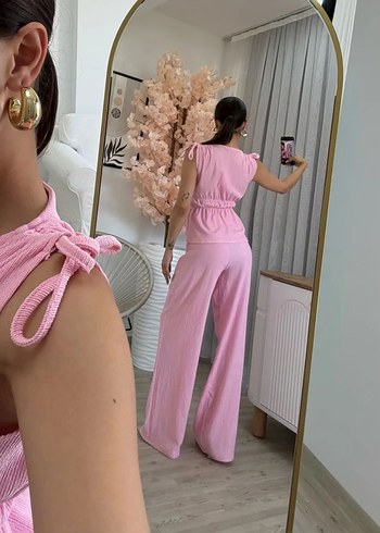 m Beden Pembe Keten Mini Pilili Kadın Tulum