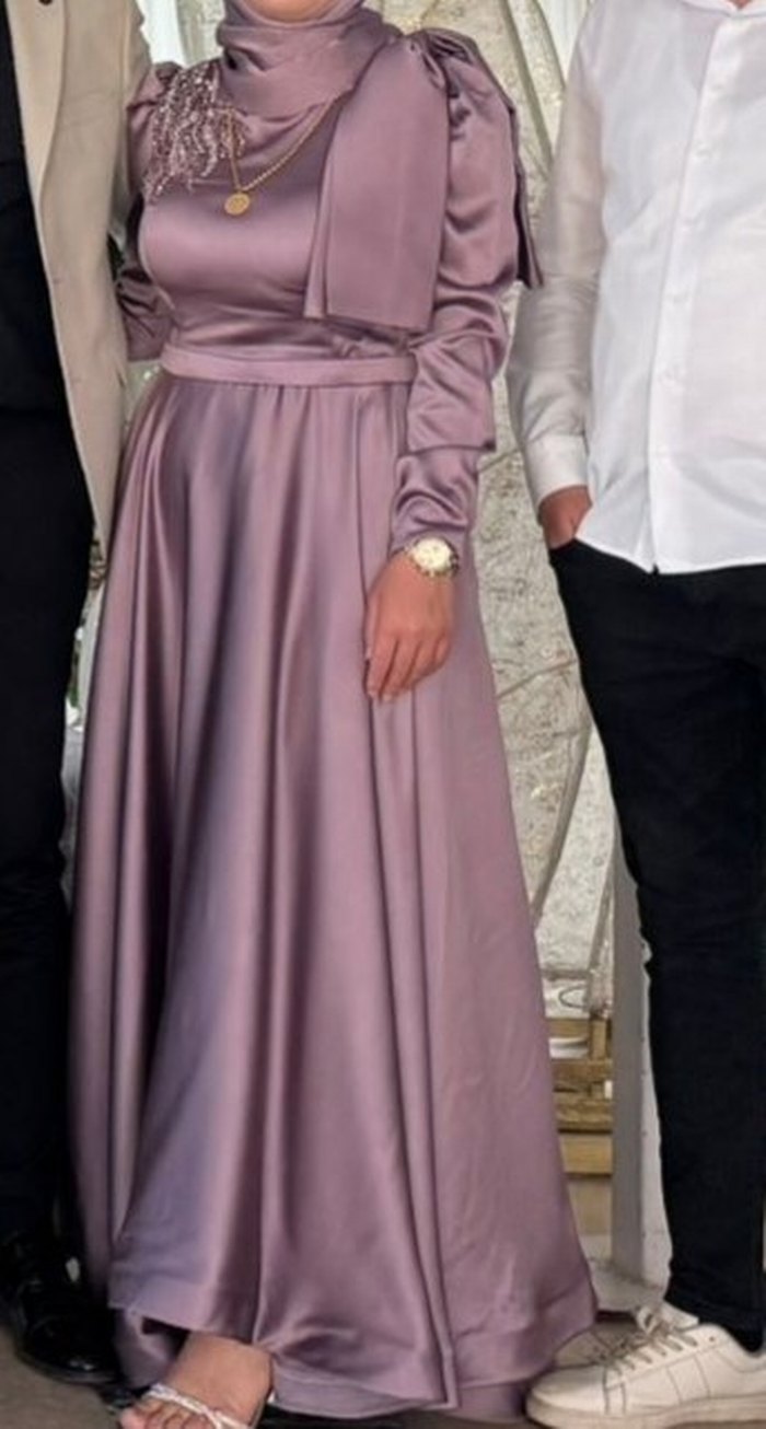Tesettür lila saten abiye - Görsel 2