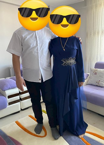 46 Beden mavi Renk Nakışlı, Drapeli, Uzun Mavi Tesettür Abiye