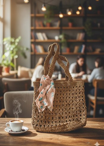 Bej Nakışlı Bohem Örgü Kadın Çanta - Görsel 6