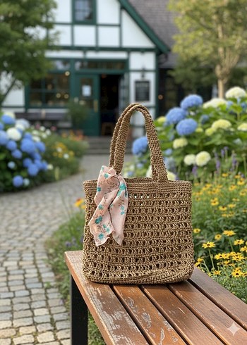 Bej Nakışlı Bohem Örgü Kadın Çanta - Görsel 2