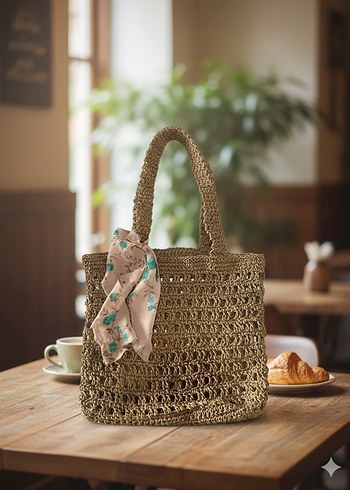 Bej Nakışlı Bohem Örgü Kadın Çanta - Görsel 5