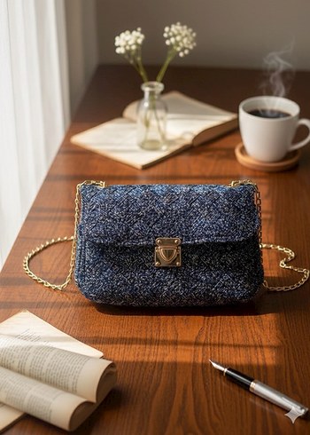 Mavi Nakışlı Tokalı Kadın Çantası - Görsel 9