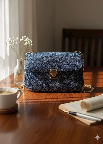 Mavi Nakışlı Tokalı Kadın Çantası - Görsel 4