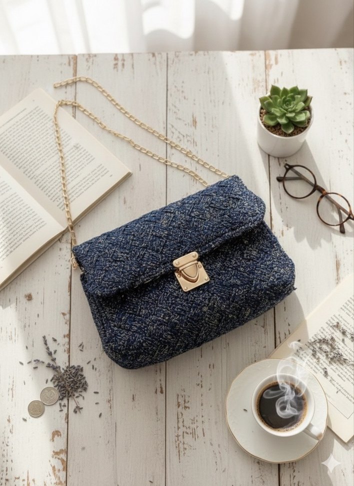 Mavi Nakışlı Tokalı Kadın Çantası - Görsel 2