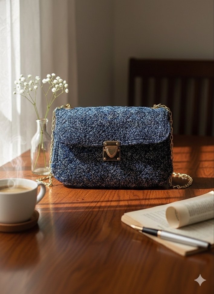 Mavi Nakışlı Tokalı Kadın Çantası - Görsel 4