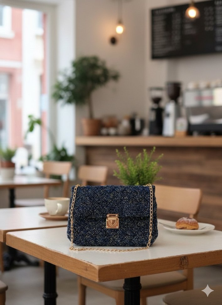 Mavi Nakışlı Tokalı Kadın Çantası - Görsel 5