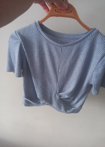Diğer Mavi Pilili Kısa Kollu Crop Top