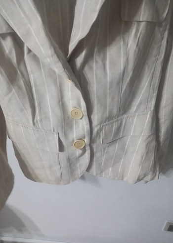 Düğmeli Bej Keten Mini Blazer - Görsel 3