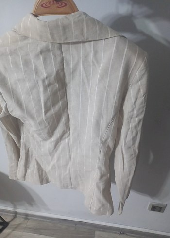 Düğmeli Bej Keten Mini Blazer - Görsel 2