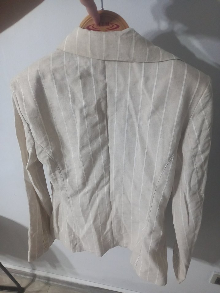 Düğmeli Bej Keten Mini Blazer - Görsel 5