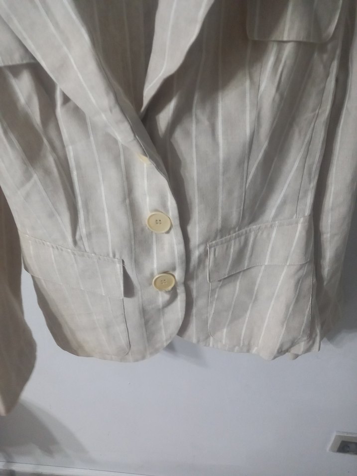 Düğmeli Bej Keten Mini Blazer - Görsel 3