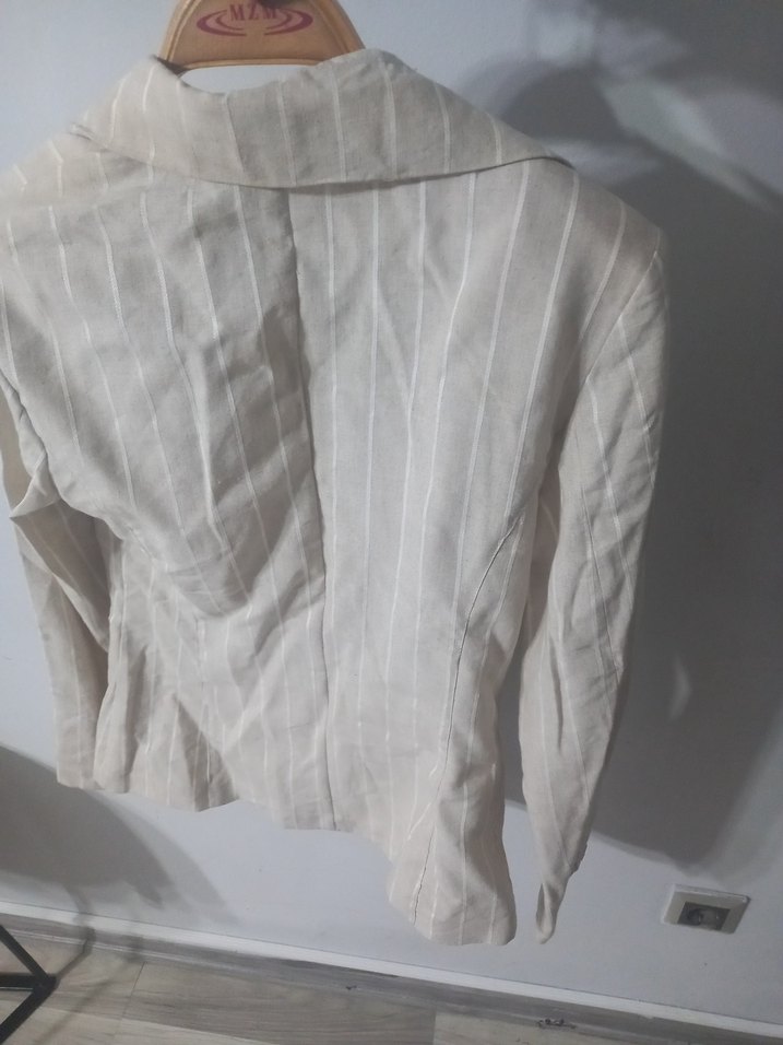 Düğmeli Bej Keten Mini Blazer - Görsel 2