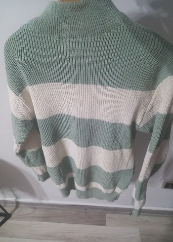 Yarım Fermuarlı Gri Çizgili Triko Kazak - Görsel 2