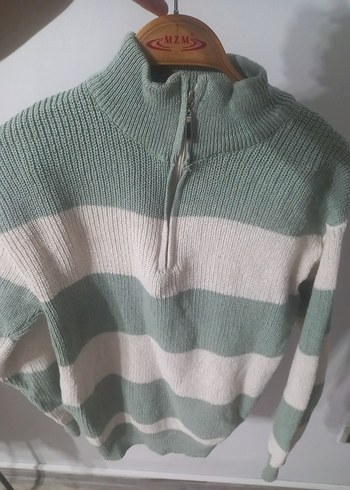 Yarım Fermuarlı Gri Çizgili Triko Kazak - Görsel 3