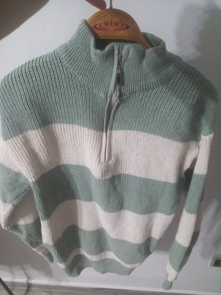 Yarım Fermuarlı Gri Çizgili Triko Kazak - Görsel 3