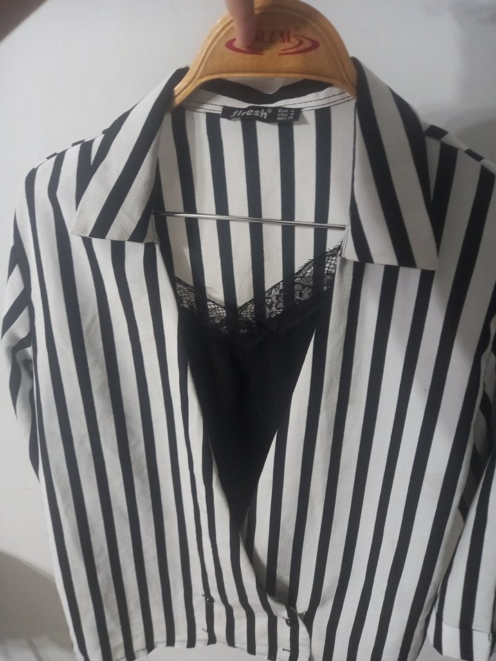 Çizgili Mini Gömlek, Düğmeli, Salaş Kesim - Görsel 2