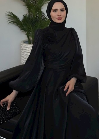 Siyah Uzun Kollu Drapeli Uzun Abiye Elbise - Görsel 2