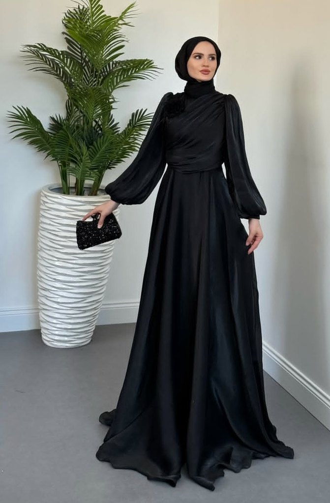 Siyah Uzun Kollu Drapeli Uzun Abiye Elbise - Görsel 3