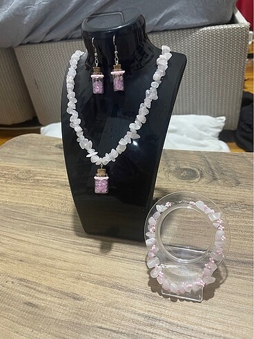 Tasarımcı Pembe kuvars takı seti