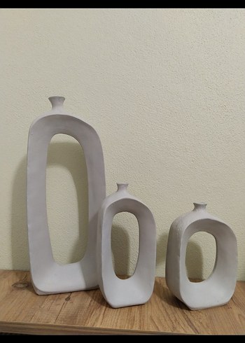 Beyaz Gri Modern Seramik Vazo Seti - Görsel 2