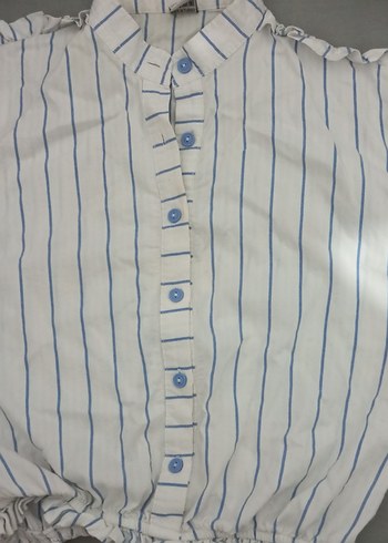 Düğmeli Kısa Kollu Beyaz Çizgili Keten Gömlek - Görsel 2