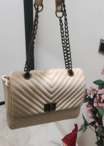 Bej Zincir Detaylı Deri Zebra Desenli Çanta - Görsel 2