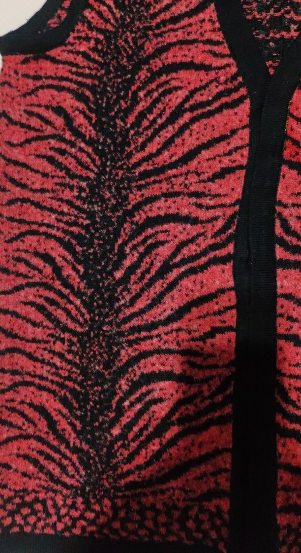 Kırmızı Zebra Desenli Örgü Kadın Yelek - Görsel 2