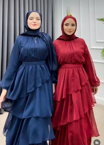 Abiye Bordo Kat Kat Uzun Tesettür Abiye Elbise
